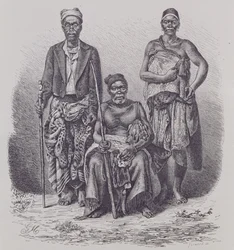 Capo villaggio della Costa di Loango, con moglie e dignitario, inciso da una fotografia del Dr. Falkenstein, da 