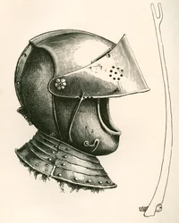 Elmo con visiera risalente al c.1643. Il pezzo laterale è il supporto della visiera, a grandezza naturale, usato per mantenere la visiera a diverse angolazioni secondo la tacca utilizzata, da The British Army: Its Origins, Progress and Equipment, pubblicat