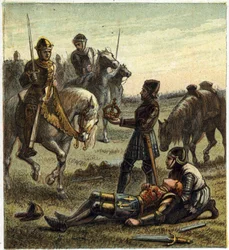 Guerra delle Due Rose: morte del Re Riccardo III (1452-1485) durante la battaglia di Bosworth Field, tra il 22/08/1485 Riccardo III e Enrico, Duca di Richmond. Quest