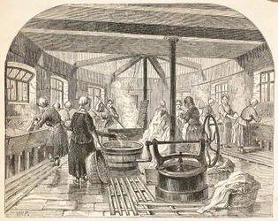 Lavanderia alla prigione di Brixton, illustrazione da The Criminal Prisons of London and Scenes from Prison Life di Henry Mayhew e John Binny, pub. 1862