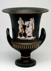 Vaso Wedgwood raffigurante una giovane ragazza e un satiro in ceramica nera dipinto "con l