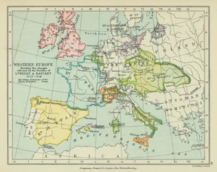 Europa occidentale con i cambiamenti apportati dai trattati di Utrecht e Rastadt (litografia a colori)