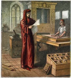 William Caxton (1422-1491), primo stampatore inglese, nella sua officina con una pressa da stampa. William Caxton, il primo stampatore inglese