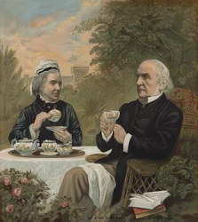 William Ewart Gladstone, politico liberale britannico e primo ministro, che prende il tè con sua moglie Harriet, 1891