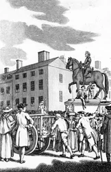 William Stroud, «Un uomo frustato alla coda del carro per piccolo furto da Charing Cross alle Horse Guards», inciso per la Tyburn Chronicle