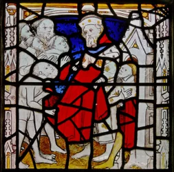 Finestra N4 che raffigura le opere di misericordia: vestire gli ignudi