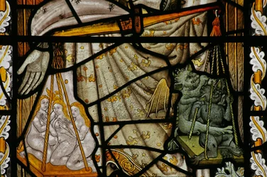 Finestra Na raffigurante le bilance di San Michele con diavolo e anime nelle bilance