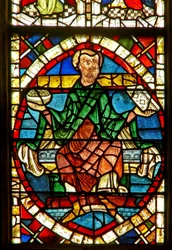 vetrata raffigurante una figura genealogica: Ieconia