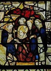 Vetrata s2 raffigurante un vescovo inginocchiato davanti a un re