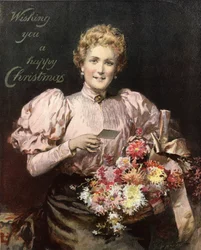 Donna con un mazzo di fiori, con la scritta, Augurandoti un felice Natale