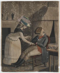Donna che ruba una borsa di calze e un orologio da tasca da un uomo addormentato, c.1790