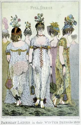 Meraviglioso: donne parigine nei loro abiti invernali per il 1800, cartone animato inglese