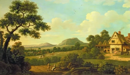 Paesaggio boscoso con figure lungo una strada