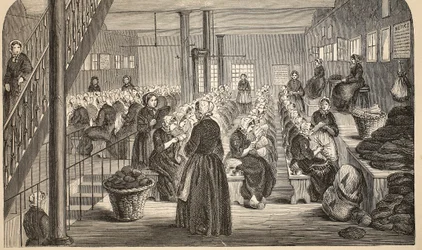 Sala di lavoro, nel Sistema Silenzioso, alla Casa di Correzione, Tothill Fields, illustrazione da The Criminal Prisons of London and Scenes from Prison Life di Henry Mayhew e John Binny, pub. 1862