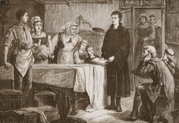 Giovane Calvino che spiega la Bibbia a una famiglia a Bourges, illustrazione da The History of Protestantism di James Aitken Wylie, pub. 1878