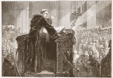 Zwingle predica nella cattedrale di Zurigo, illustrazione da La storia del protestantesimo di James Aitken Wylie (1808-1890), pub. 1878