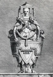 Vaso antropomorfo, sposa greca, incisione da Mascarade la Grecque, Suite des Vases e Cheminees