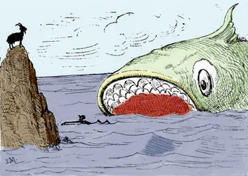Illustrazione della fiaba „Pinocchio“ di Carlo Collodi. Un enorme pesce sta per mangiare Pinocchio. Illustrazione di Enrico Mazzanti (1852-1910) per l