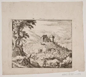 Paesaggio montuoso con un castello e un viandante