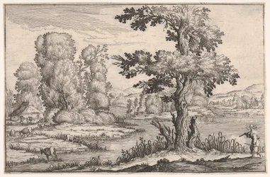 Paesaggio con capre che pascolano vicino a un fiume e una figura in primo piano a destra, 1638
