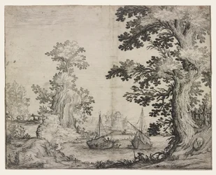 Paesaggio con un fiume tra alberi e colline, due navi al centro