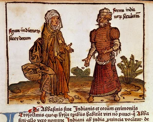 Descrizione dei costumi albanesi: un prete e un laico Pagina tratta dal libro di viaggio "Peregrinatio in terram sanctam" dopo il pellegrinaggio in Terra Santa di Bernardo di Breydenbach (1454-1497) illustrato da stampe di Erhard Reuwich