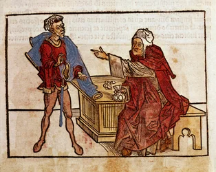 Transazione tra un ebreo e un usuraio Pagina tratta dal libro di viaggio "peregrinatio in terram sanctam" dopo il pellegrinaggio in Terra Santa di Bernard de Breydenbach (Breidenbach) (1454-1497) illustrato da incisioni di Erhard Reuwich