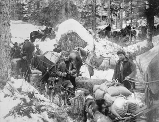 Prospectors che ascendono Porcupine Hill sul sentiero di Skagway, Alaska, durante la corsa all