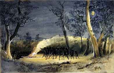 Un Corroboree nativo di notte