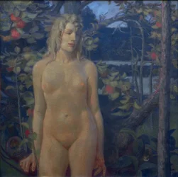 Nudo femminile in piedi nel paesaggio