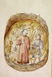 Un farmacista e il suo assistente raccolgono erbe e radici in un giardino di erbe, 1380-1400 ca.