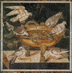 Uccelli che bevono da una ciotola. Mosaico da Pompei, Italia