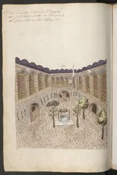 Edifici a Costantinopoli: cortile interno di un grande caravanserraglio con alberi, un pozzo e ingressi laterali alle stalle