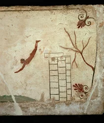 Tuffatore che salta da una torre in mare, un