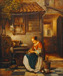 Femme plumant une volaille dans une cour - Donna che spenna il pollame in un cortile ...
