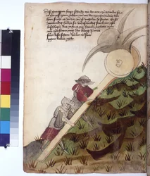 Pagina intera: carro con testa armata in ferro spinto da due soldati in armatura, 1430 circa (disegno a penna colorata)