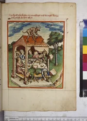 Pagina intera: morte dei figli di Giobbe durante la festa (disegno a penna colorata)