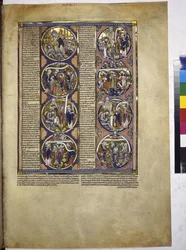 Pagina intera: otto medaglioni che racchiudono miniature accompagnate da un testo esplicativo, 1225-1250 circa (tempera su pergamena)