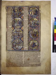 Pagina intera: otto medaglioni che racchiudono miniature accompagnate da un testo esplicativo, 1225-1250 circa (tempera su pergamena)