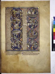 Pagina intera: otto medaglioni che racchiudono miniature accompagnate da un testo esplicativo, 1225-1250 circa (tempera su pergamena)