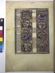 Pagina intera: otto medaglioni che racchiudono miniature e sono accompagnati da un testo esplicativo, 1225-1250 circa (tempera su pergamena)