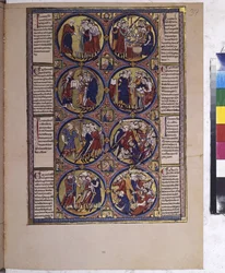 Pagina intera: otto medaglioni che racchiudono miniature e sono accompagnati da testo (miniatura)