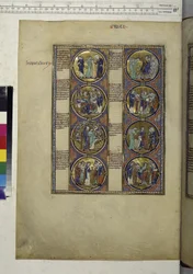 Pagina intera: otto medaglioni che racchiudono miniature e sono accompagnati da un testo, 1225-1250 circa (pittura a tempera)