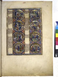 Pagina intera: otto medaglioni che racchiudono miniature e sono accompagnati da un testo, 1225-1250 circa (tempera su pergamena)
