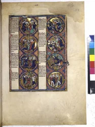 Pagina intera: otto medaglioni che racchiudono miniature e sono accompagnati da un testo, 1225-1250 circa (tempera su pergamena)