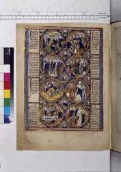 Pagina intera: otto medaglioni che racchiudono miniature e sono accompagnati da un testo, 1225-1250 circa (pittura a tempera)
