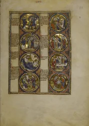 Pagina intera: otto medaglioni che racchiudono miniature e sono accompagnati da un testo, 1225-1250 circa (pittura a tempera)