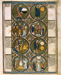 Pagina intera: otto medaglioni con testo di accompagnamento: La creazione del mondo, 1225-1250 circa (pittura a tempera)