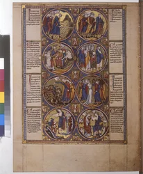 Pagina intera: otto medaglioni con miniature, la sorella di Aronne che danza con un timbro in mano), 1225-1250 circa (pittura a tempera)