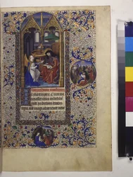 Pagina intera: miniatura incorniciata, con testo e iniziale a tempera in basso